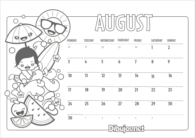 2015 Calendar August Coloring page