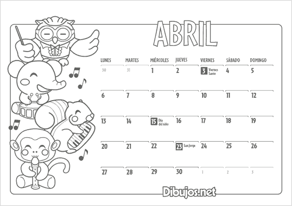 Calendario Infantil 2015 para colorear Abril