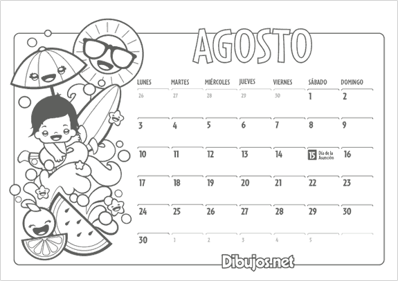Calendario infantil 2015 para colorear Agosto