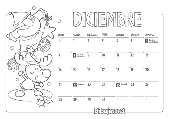 Calendario infantil 2015 para colorear Diciembre