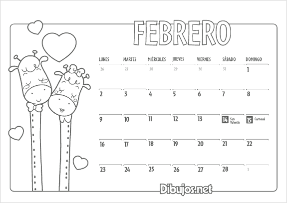 Calendario infantil 2015 para colorear Febrero