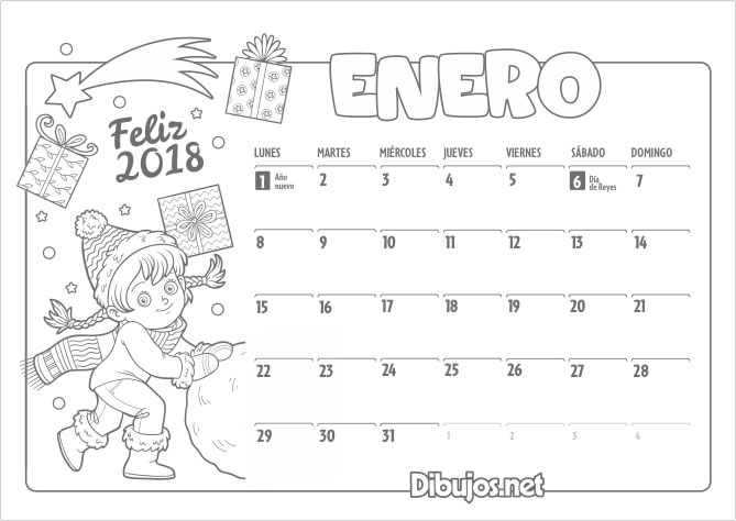 Calendario Infantil 2018 para Imprimir y Colorear 