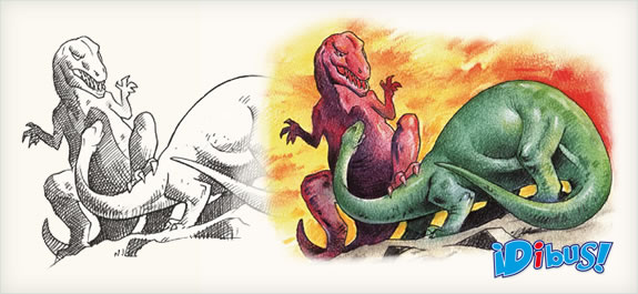 Dibuja dos dinosaurios con lápices de tiza pastel